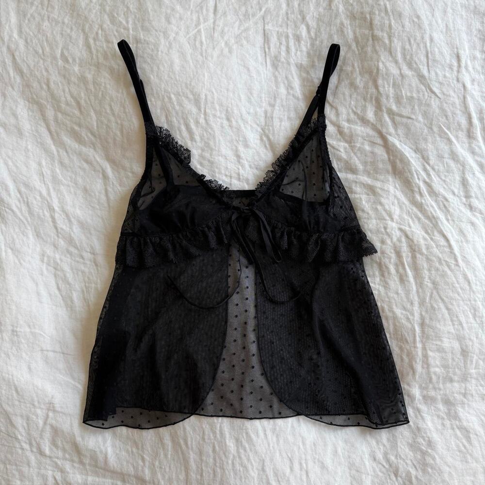 Adorable french sheer lace polkadot ruffle cami top